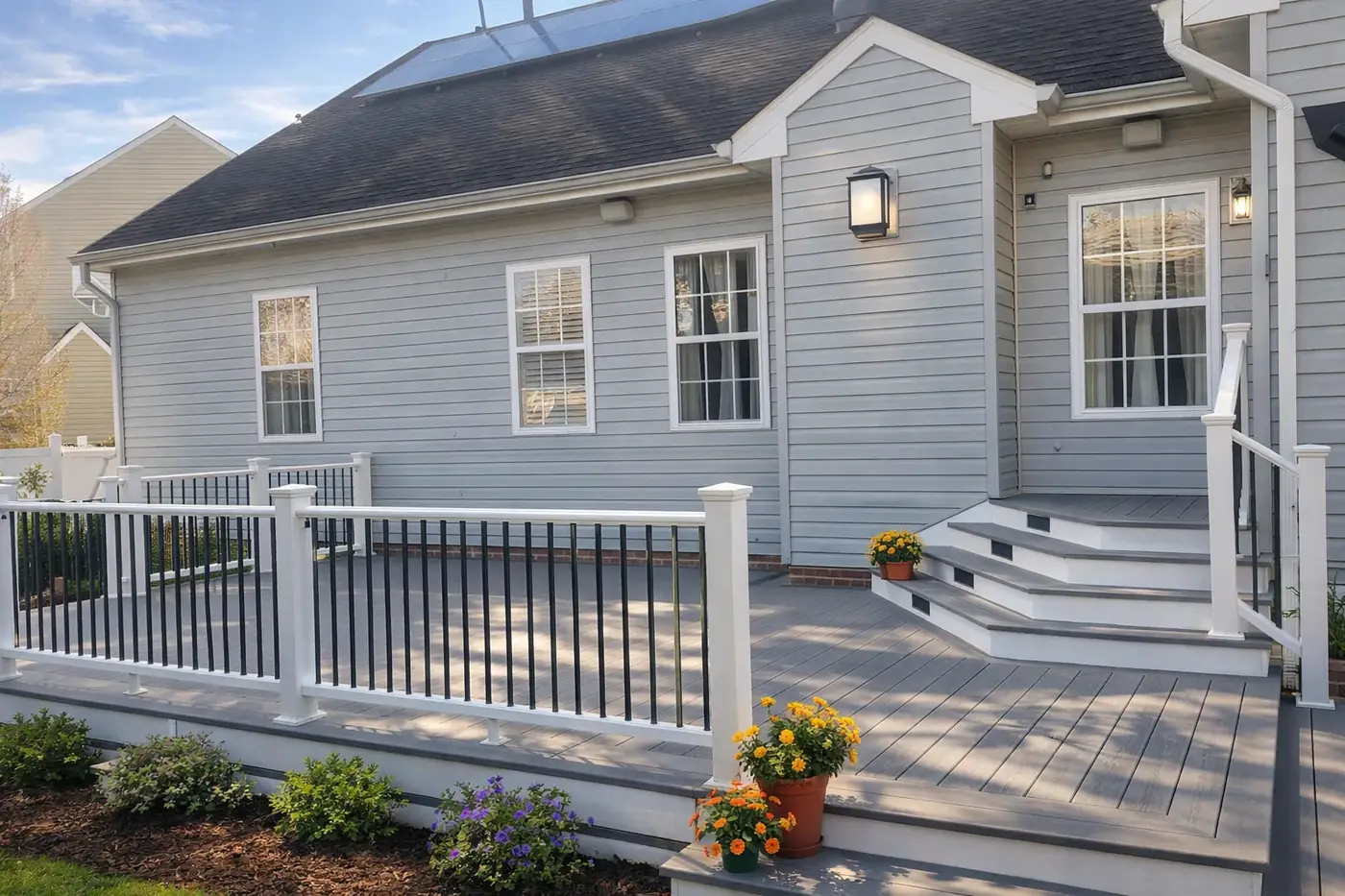 Rear deck with white railings, planters and steps down to the lawn