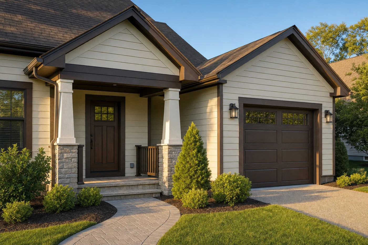Atmospheric rendering of an attached garage and covered entry addition with fresh landscaping, representative of addition and outbuilding design work