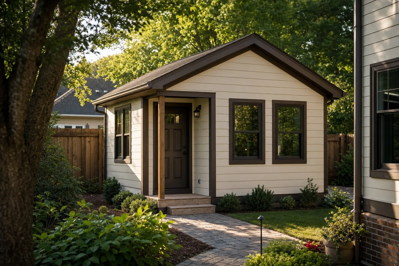Atmospheric rendering of a small detached backyard accessory dwelling unit with a covered entry, representative of ADU design work