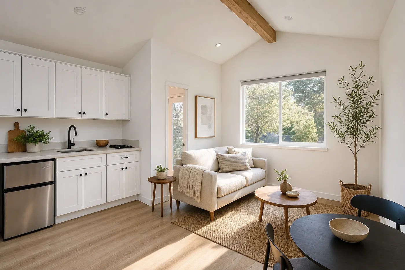 Atmospheric rendering of a compact ADU studio interior with a kitchenette and living area, representative of ADU design work