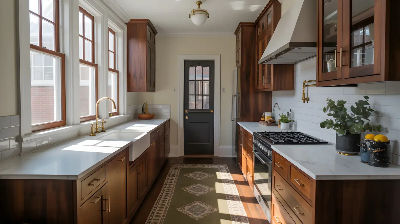 Warm wood kitchen with dark island used as a design reference image