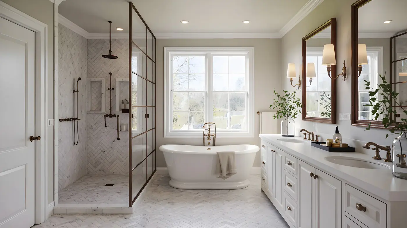 Bathroom with walk-in shower and freestanding tub used as a design reference image