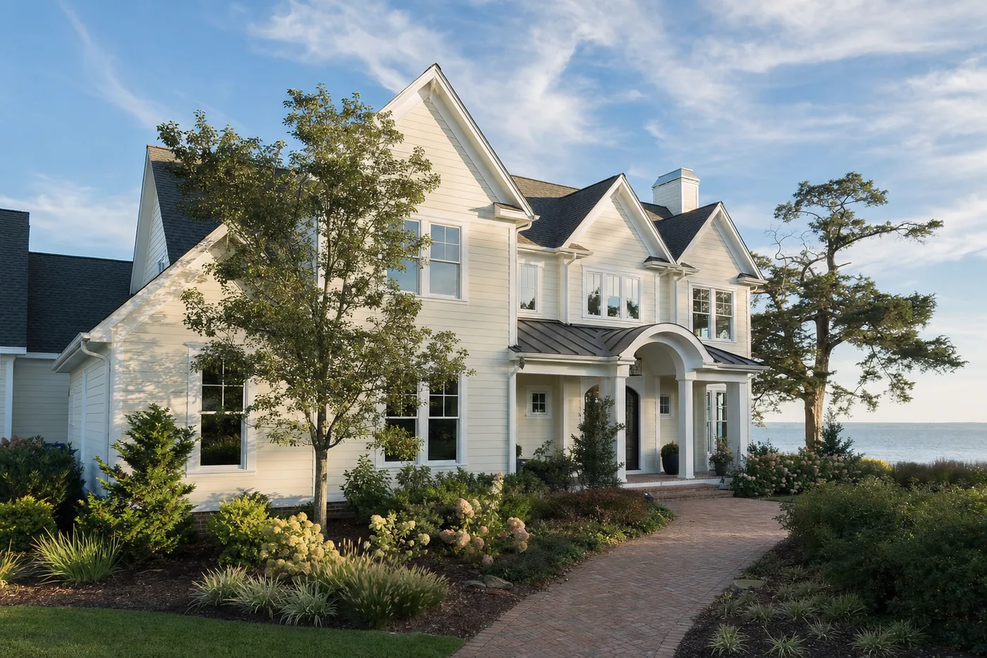 Coastal Virginia home with fresh siding, standing seam accent roof and mature landscaping