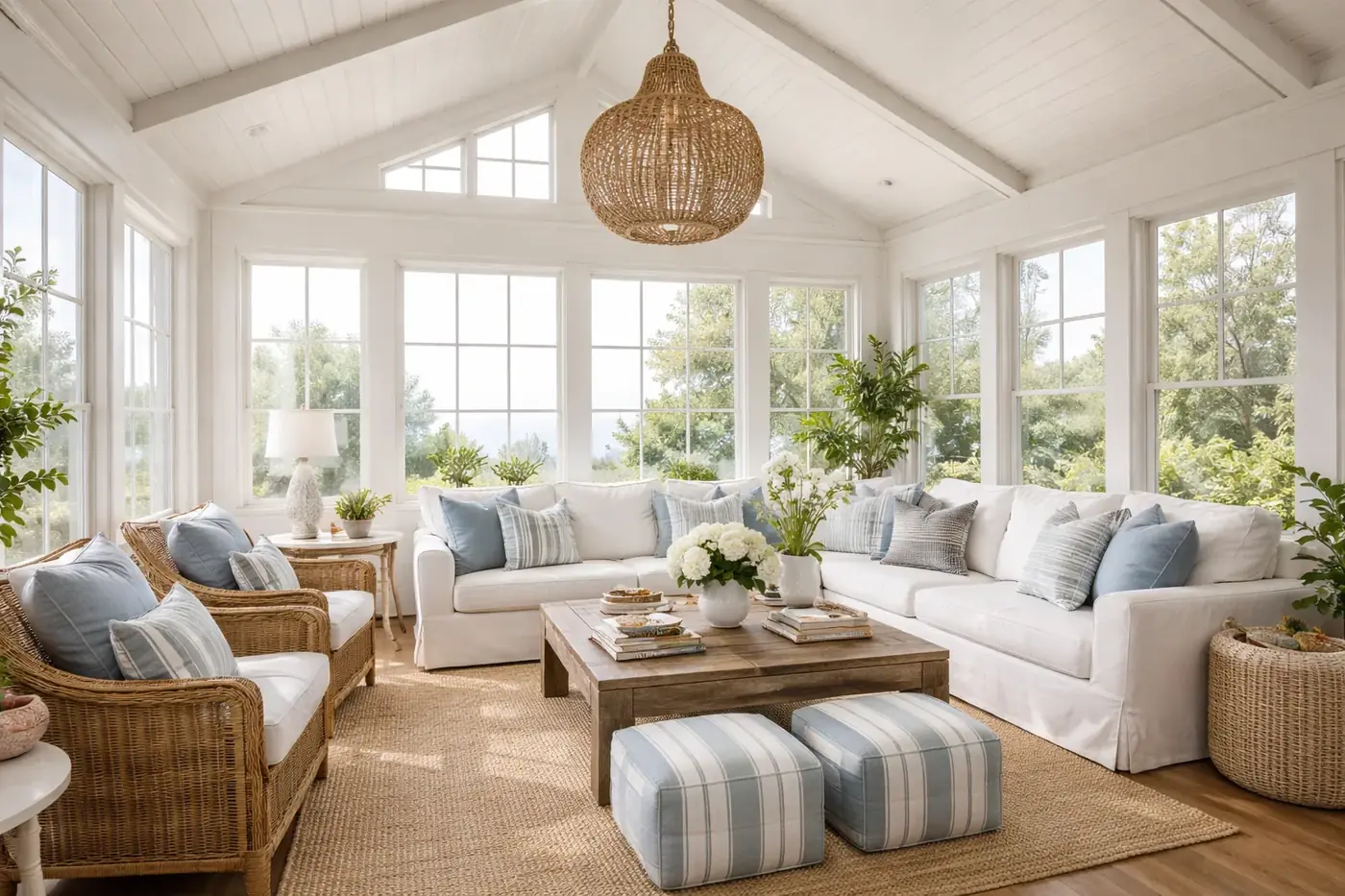 Remodelled living room with white walls, wood floors and a wall of new windows