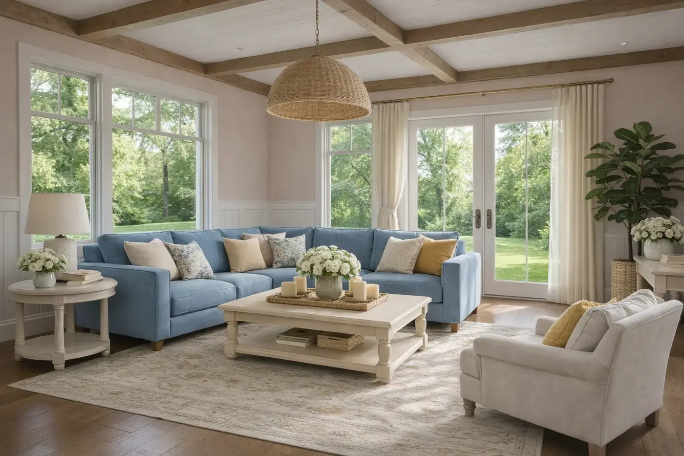 Great room after an interior remodel with coffered ceiling and new flooring