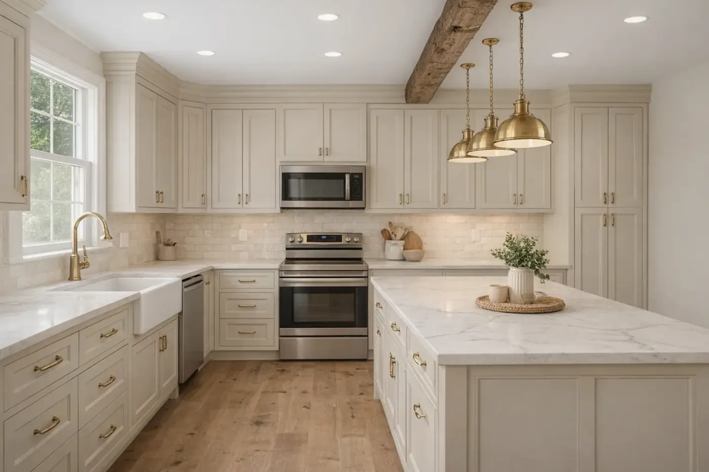 Kitchen with quartz countertops, farmhouse sink and exposed beam