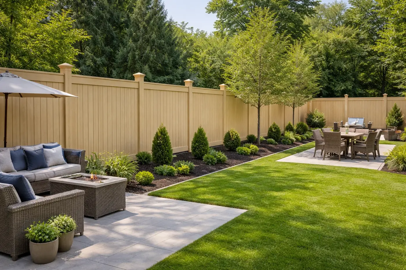 Fenced back yard with paver patio, seating area and new landscape beds