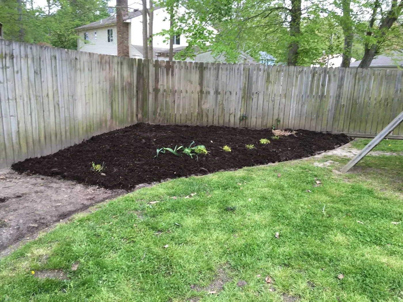 Back yard with new fencing, planting beds and graded lawn