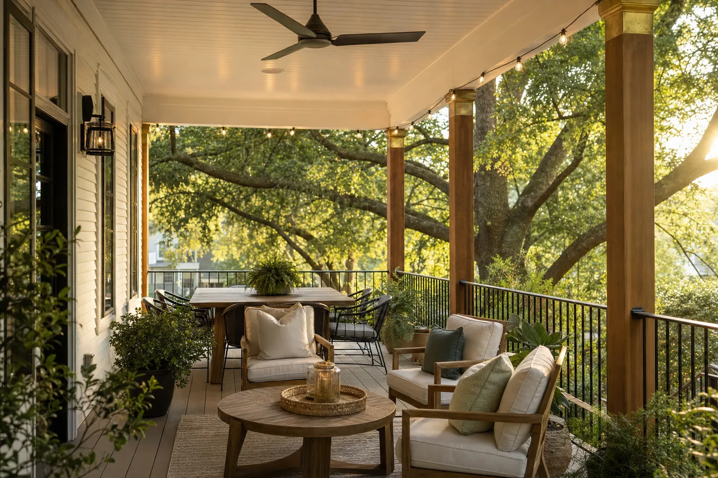 Covered rear porch with cedar posts, string lights and comfortable outdoor furniture