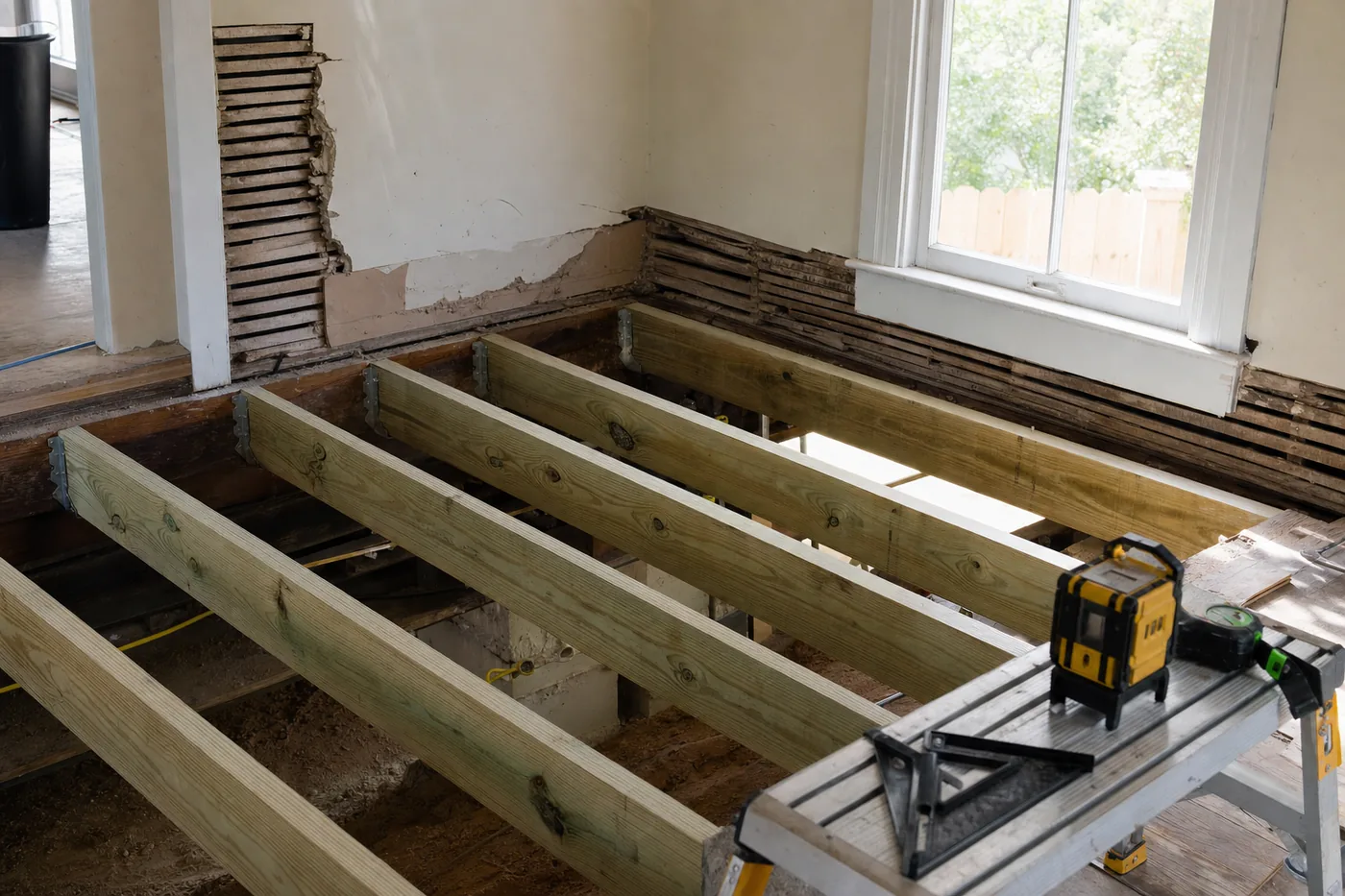 Interior structural repair showing new pressure-treated sister joists installed